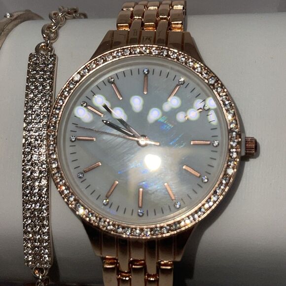 Gold Tone Crystal Watch Bracelet (3 Piece Set) Stunning Chic Intricate Style NEW - Picture 7 of 16